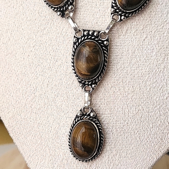 925 Silver Plated 20" Chain Necklace Matching Earrings with Tiger Eye Stones - Picture 5 of 9